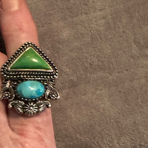 Vintage cocktail ring southwest 925 Silver with blue and Green turquoise - Picture 6 of 12